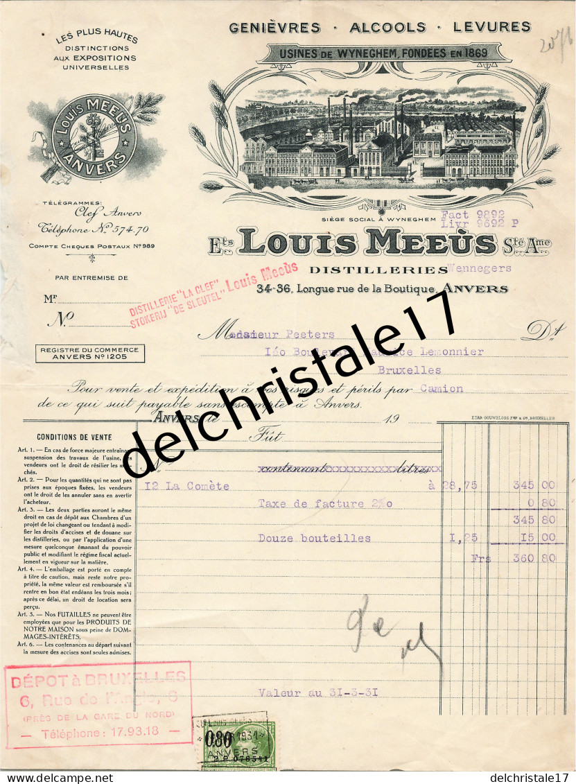 96 0400 ANVERS BELGIQUE 1931 Genièvres Alcools Levures Distilleries Louis MEEUS Longue Rue De La Boutique à PEETERS - Alimentos