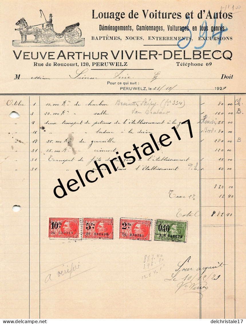 96 0383 PÉRUWELTZ BELGIQUE 1929 Louage Camionnage Voiturages Vve Arthur VIVIER DELBECQ Rue De Roncourt à SIMON - Auto's