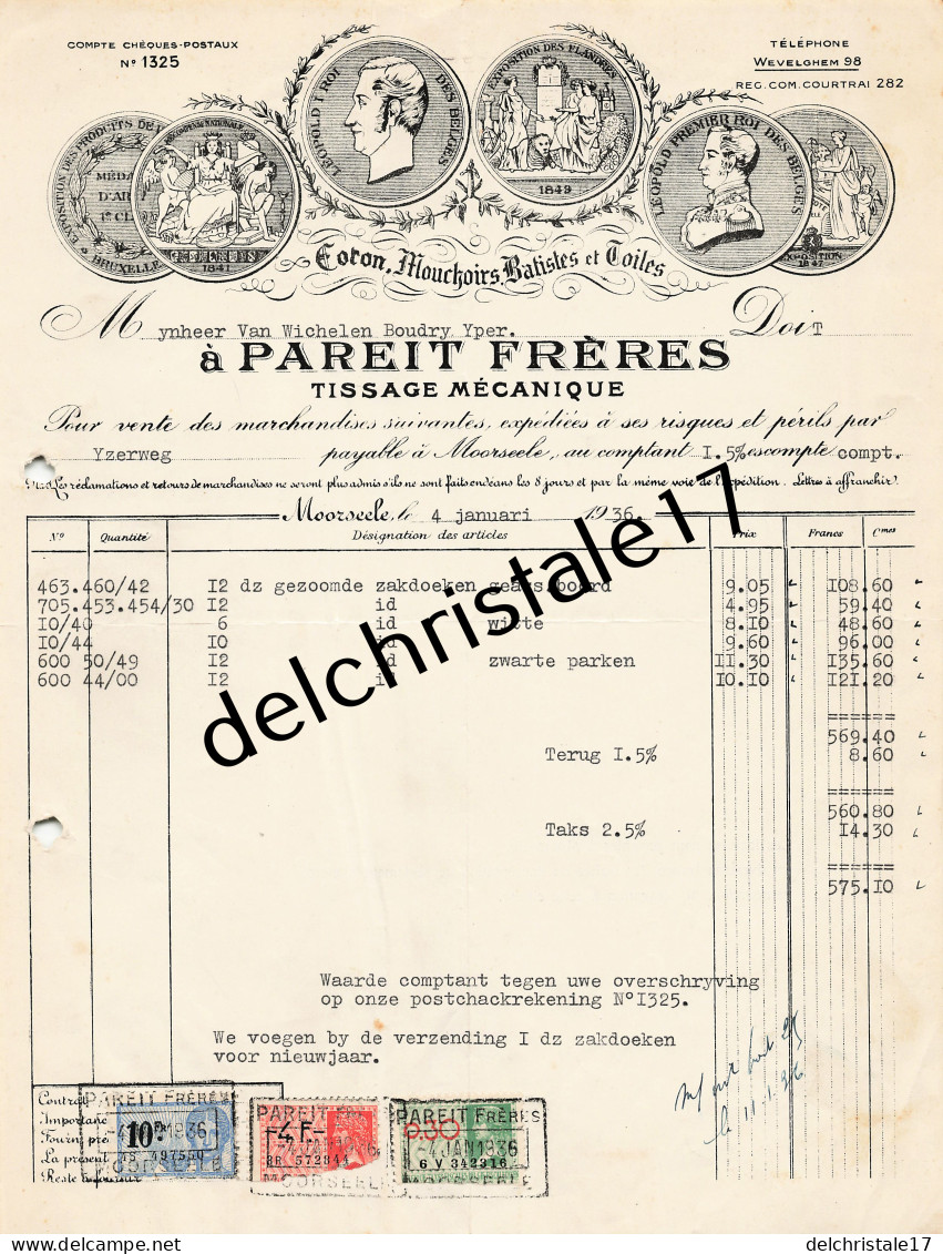 96 0376 MOORSEELE BELGIQUE 1936 Cotons Mouchoirs Batiltes Toiles PAREIT Frs Tissage Mécanique à VAN WICHELEN BOUDRY - Textile & Vestimentaire