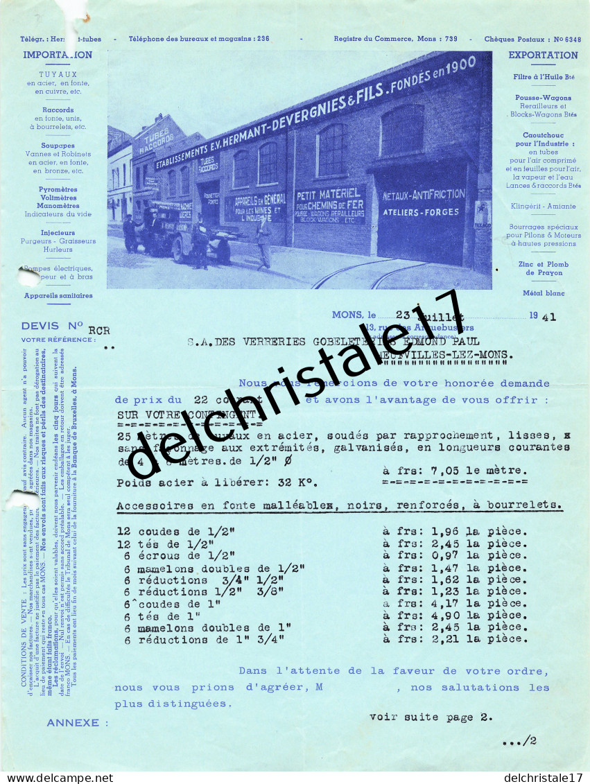 96 0375 MONS BELGIQUE 1941 Import Export Appareils Pour Mines Chemins De Fer HERMANT DEVERGNIES & Fils à Verreries PAUL - Petits Métiers