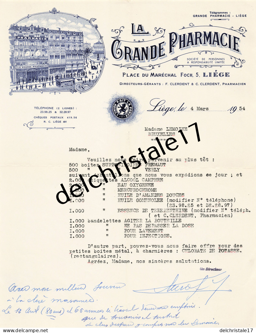 96 0360 LIÈGE BELGIQUE 1954 Produits Pharmaceutiques LA GRANDE PHARMACIE Gérants F. CLERDENT Place Foch à LEMOINE - Drogisterij & Parfum