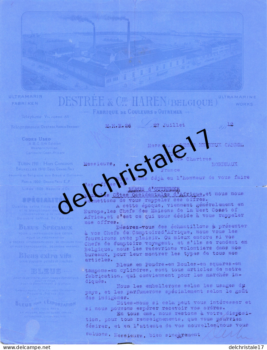 96 0352 HAREN BELGIQUE 1912 Fabrique De Couleurs D'Outremer DESTRÉE & Cie Blanchiment De Papier Ultramarine à BESSE - Petits Métiers