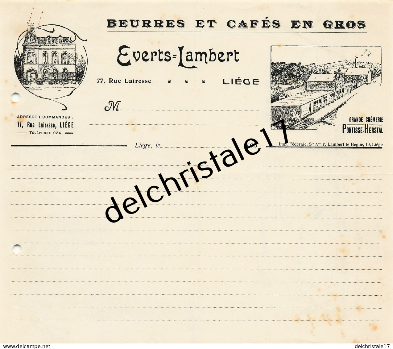 96 0357 LIÈGE BELGIQUE 190. VIERGE Beurres & Cafés EVERTS LAMBERT Rue LAIRESSE Grande Crèmerie PONTISSE HERSTAL - Lebensmittel