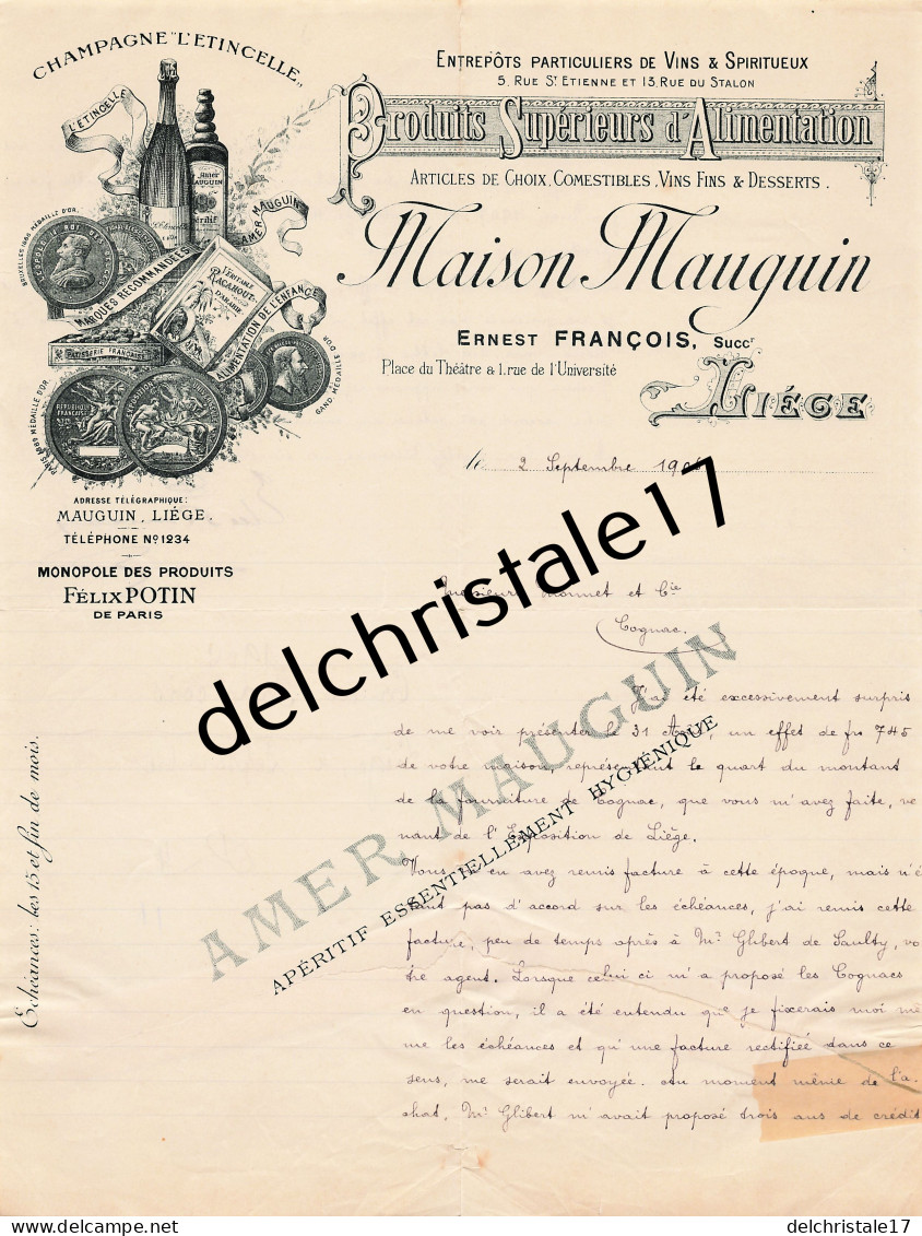 96 0363 LIÈGE BELGIQUE 1906 Alimentation Vins Spiritueux Champagne Ernest FRANÇOIS Succ MAUGUIN Pl Du Théatre à MONNET - Lebensmittel