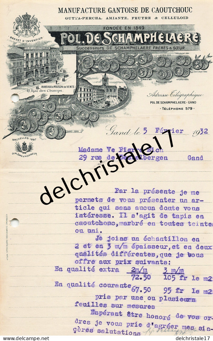 96 0346 GAND BELGIQUE 1932 Manufacture De Caoutchouc Pol. DE SCHAMPHELAERE Succ Rue Des Champs à Vve Pierre EICH - Droguerie & Parfumerie
