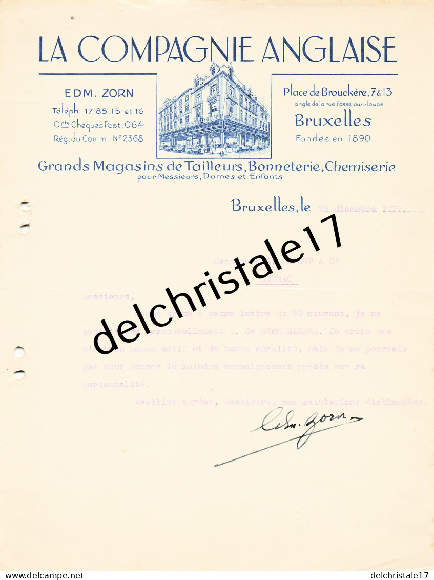 96 0338 BRUXELLES BELGIQUE 1937 Gds Magasins Tailleurs Bonneterie Chemiserie LA COMPAGNIE ANGLAISE Pl De Brouckère - Kleding & Textiel