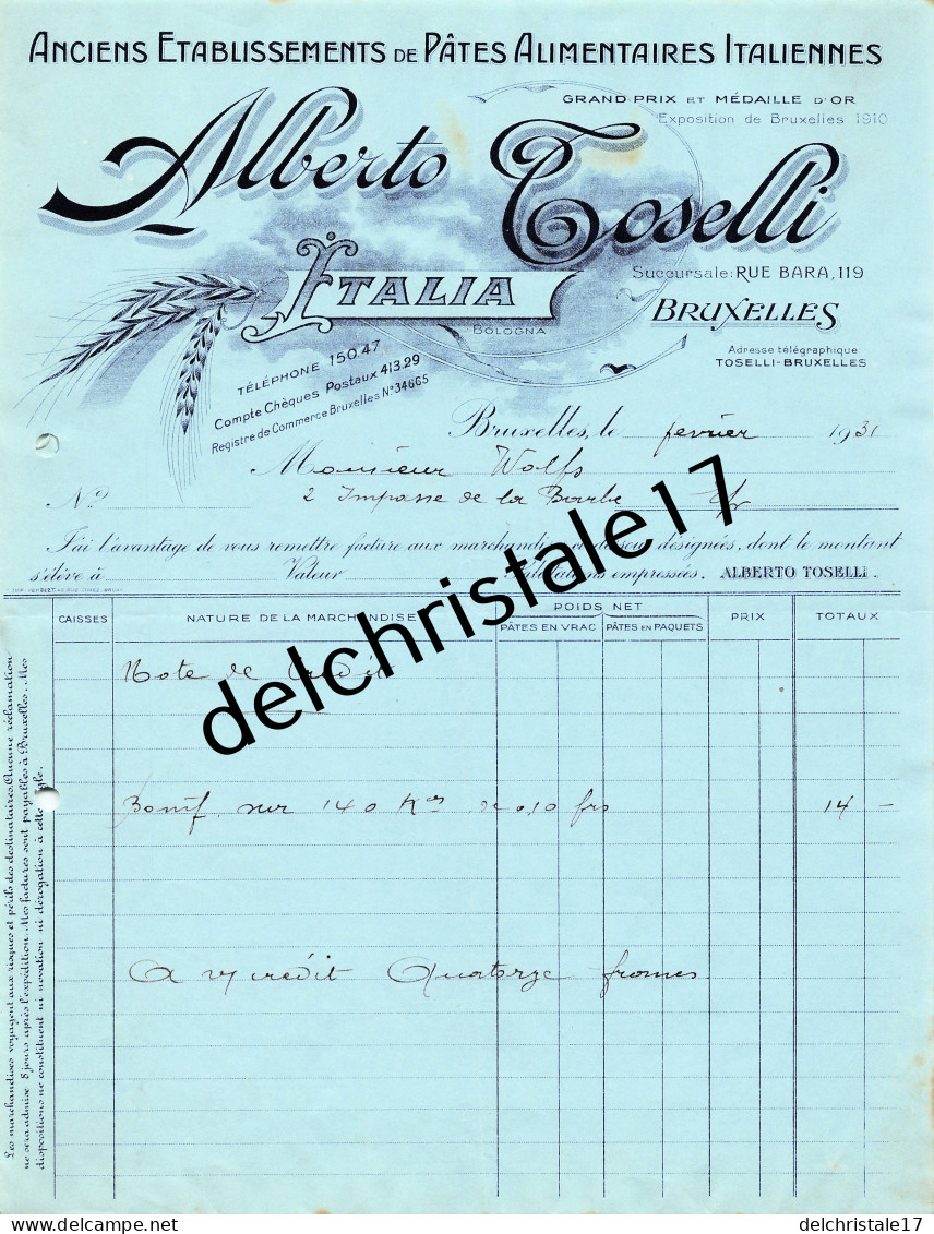 96 0330 BRUXELLES BELGIQUE 1931 Anc. Éts De Pâtes Alimentaires Italiennes Alberto TOSELLI Rue Bara à WOLFS - Food