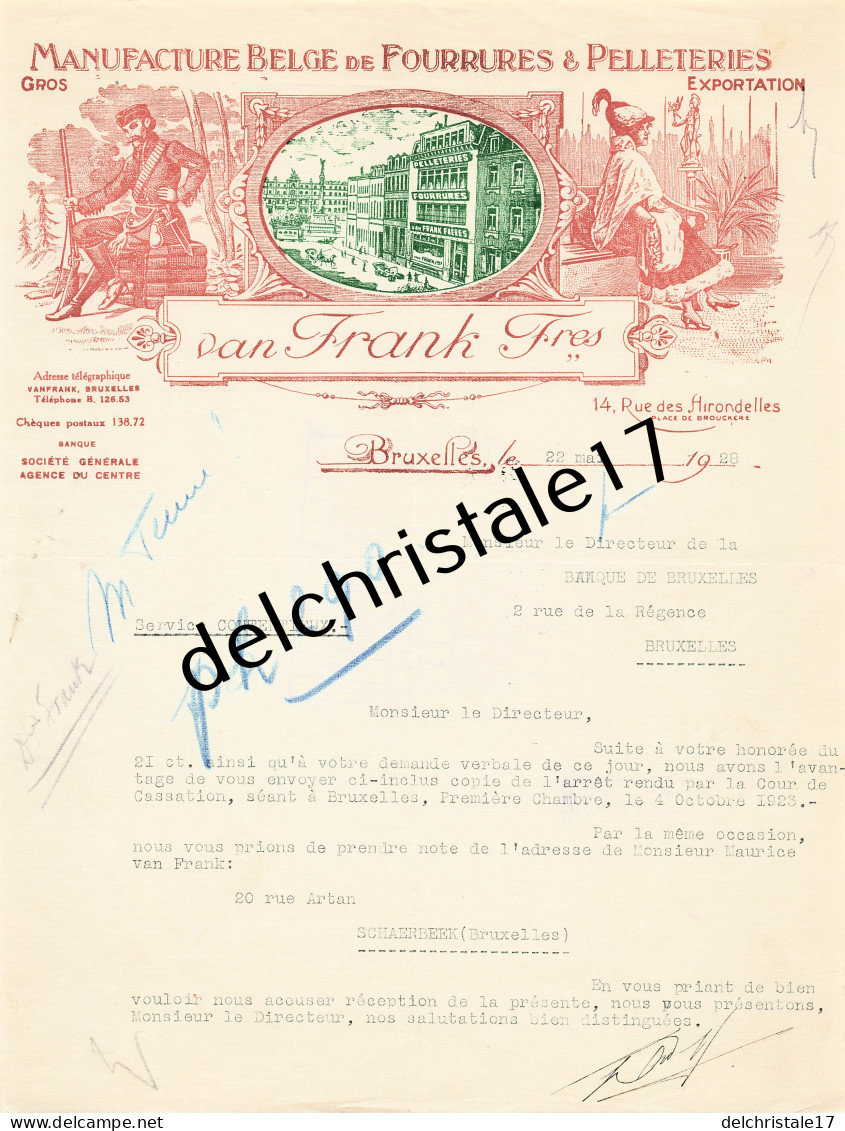 96 0333 BRUXELLES BELGIQUE 1928 Manufacture Belge De Fourrures & Pelleteris VAN FRANCK Frères Rue Des Hirondelles - Textilos & Vestidos