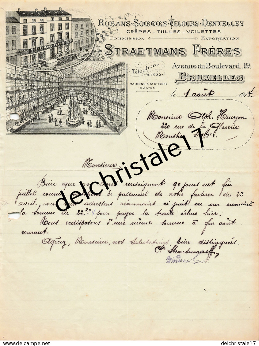 96 0326 BRUXELLES BELGIQUE 1914 Soieries Rubannerie STRAETMANS Frères Rubans Velours Av Du Boulevard à HENRYON - Kleding & Textiel