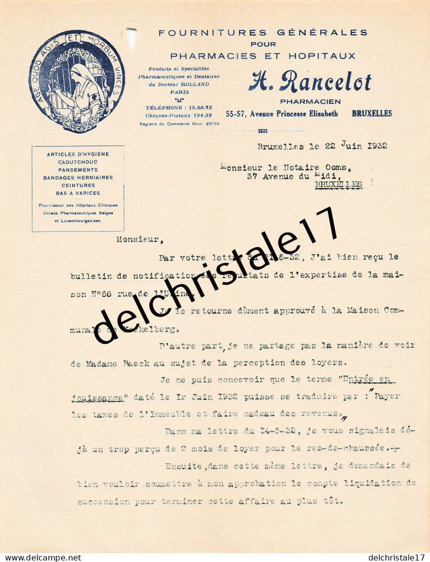 96 0321 BRUXELLES BELGIQUE 1932 Fournitures Pharmacies & Hôpitaux H. RANCELOT Hygiène Dentaire Av Princesse Élisabeth - Drogisterij & Parfum