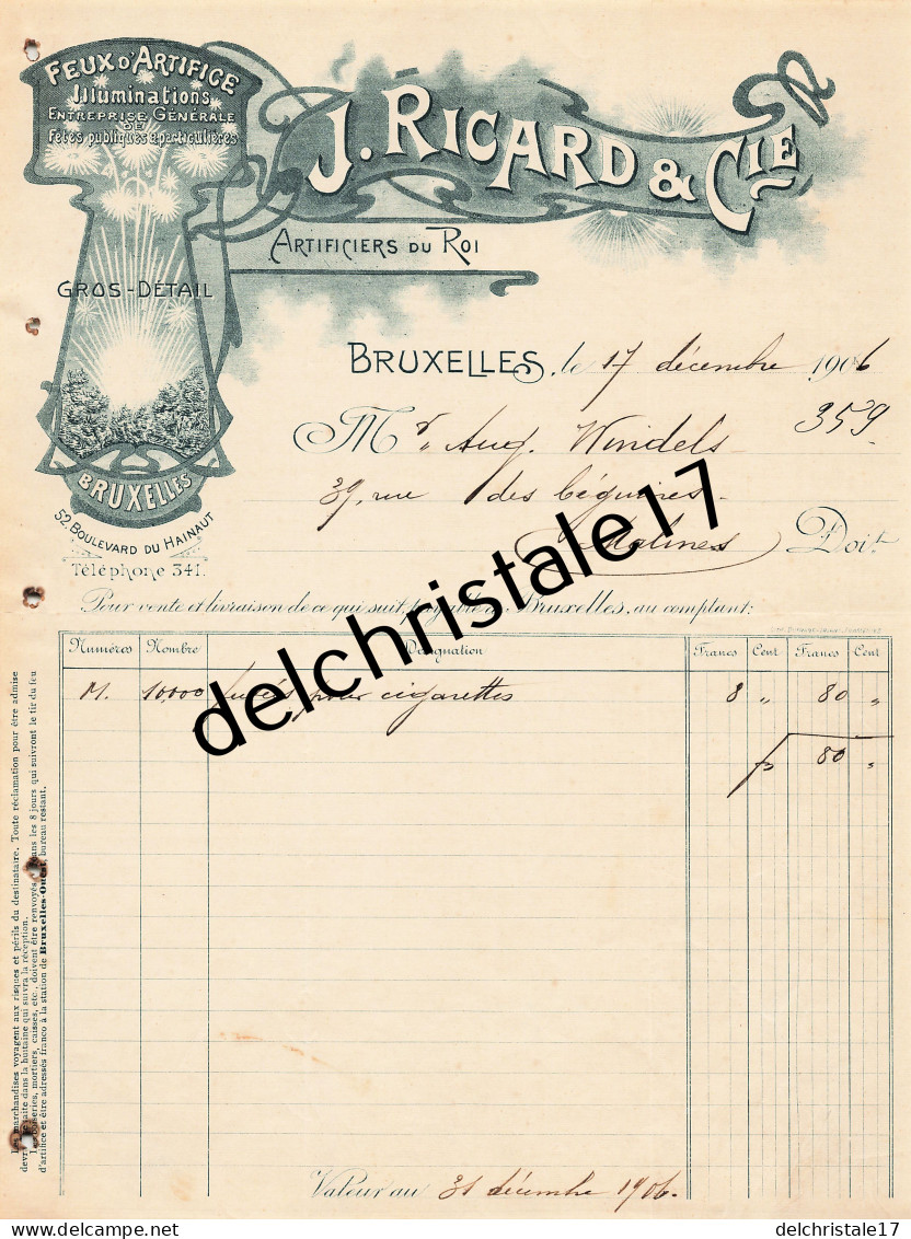 96 0322 BRUXELLES BELGIQUE 1906 Feux D'Artifices Illuminations RICARD & Cie Artificier Du Roi Bld Du Hainaut à WINDELS - Petits Métiers