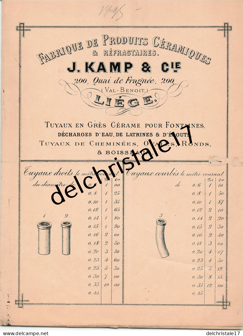 96 0359 LIÈGE BELGIQUE 1895 Fabrique De Produits Céramiques & Réfractaires J. KAMP & Cie Quai De Fragnée VAL BENOIT - Old Professions