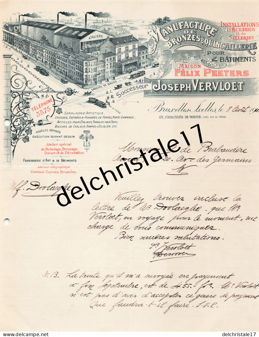 96 0315 BRUXELLES BELGIQUE 1911 Manufacture De Bronzes Quincaillerie Bâtiment Joseph VERVLOET Succ F. PEETERS - Straßenhandel Und Kleingewerbe