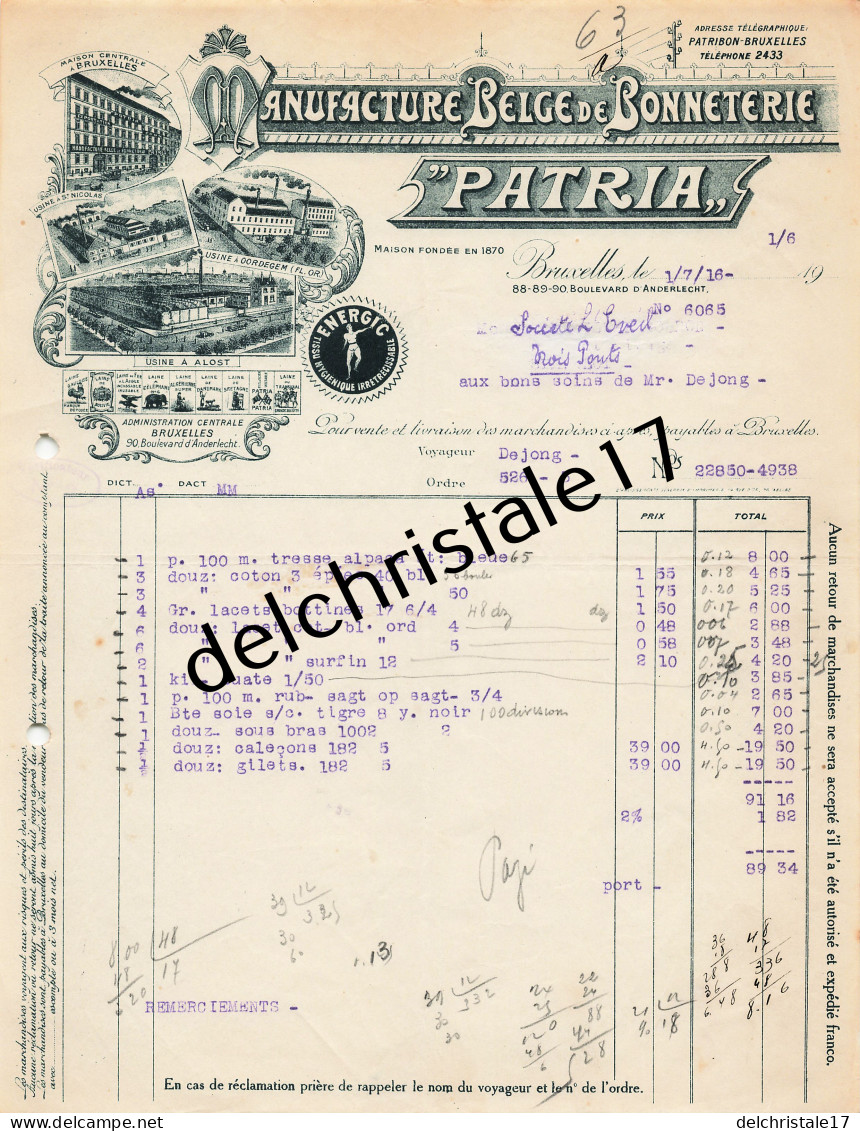 96 0314 BRUXELLES BELGIQUE 1916 Manufacture Belge De Bonneterie PATRIA Bld D'Anderlecht Usine à CORDEGEM à Sté L'ÉVEIL - Kleidung & Textil