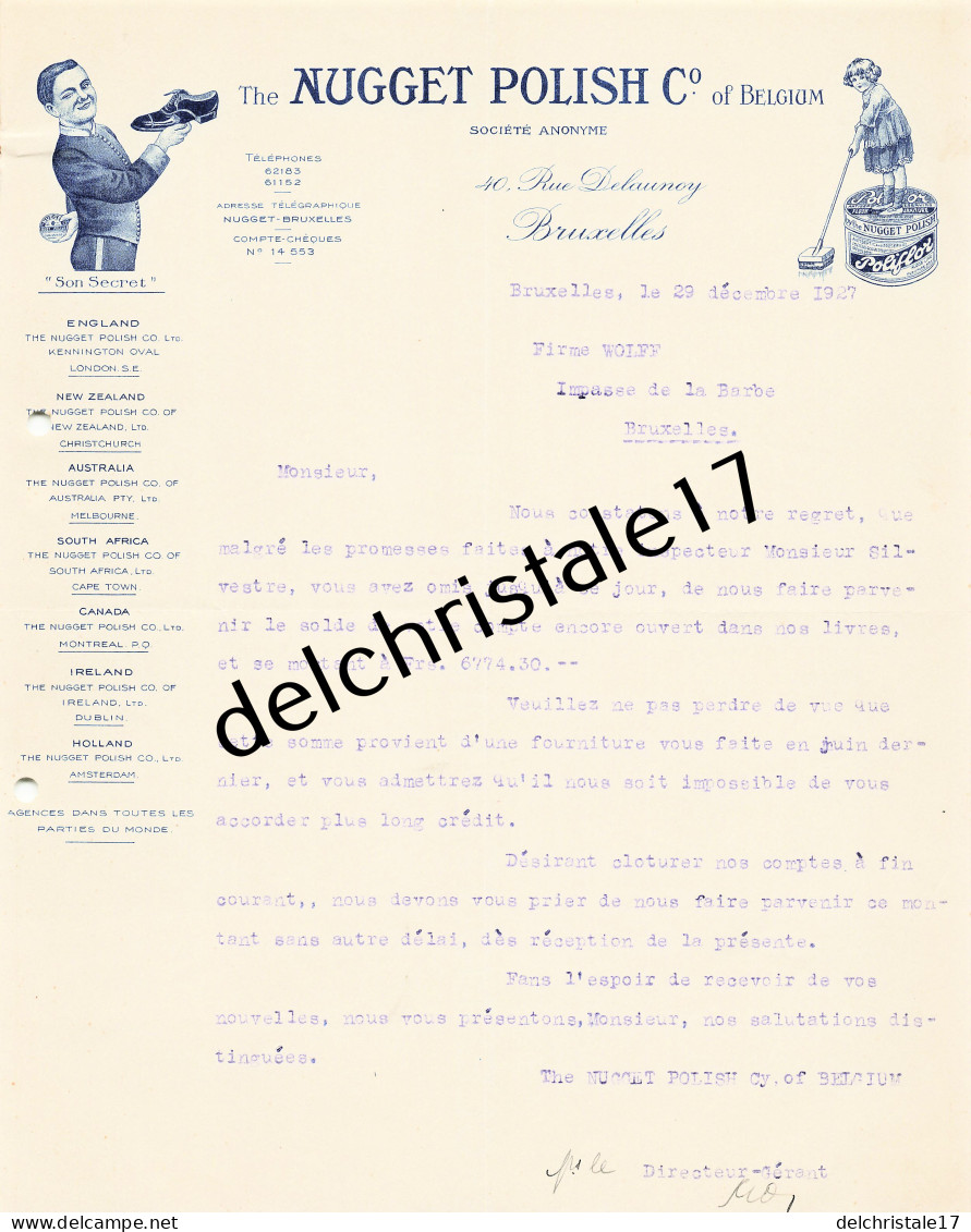 96 0310 BRUXELLES BELGIQUE 1927 Cirages Poliflor Éts THE NUGGET POLISH Co Of Belgium Rue Delaunoy à Firme WOLF - Perfumería & Droguería