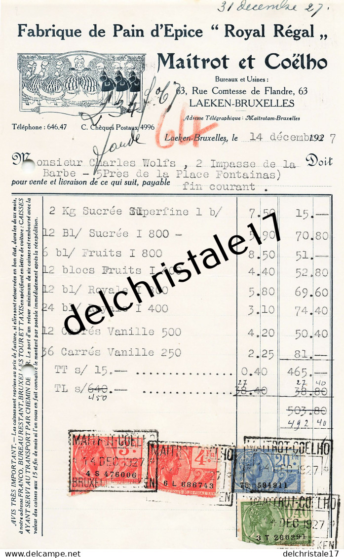 96 0299 BRUXELLES BELGIQUE 1927 Fabrique Pain D'Épices ROYAL RÉGAL Éts MAITROT & COËLHO Rue Comtesse De Flandres - Food