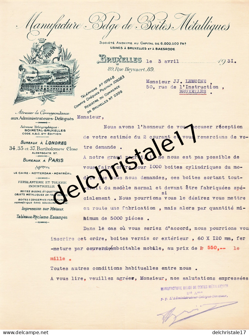 96 0303 BRUXELLES BELGIQUE 1931 Manufacture Belge De Boîtes Métalliques Ferblanterie Tôlerie Rue Heyvaert à LEMOINE - Old Professions