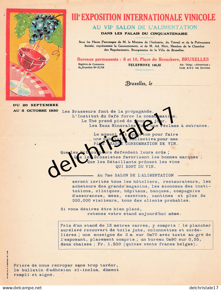 96 0335 BRUXELLES BELGIQUE 1930 Propagande IIIème Exposition Internationale Vinicole Au 7ème Salon De L'Alimentation - Landbouw