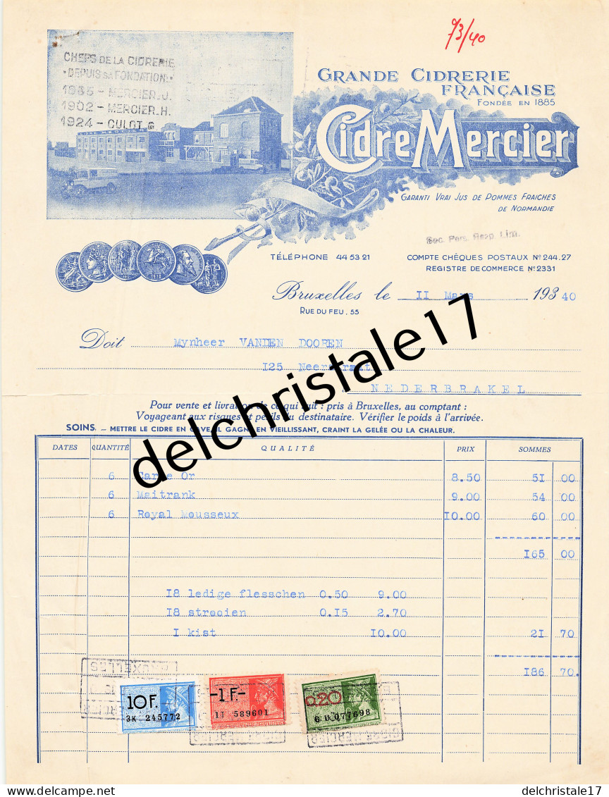 96 0304 BRUXELLES BELGIQUE 1940 Grande Cidrerie Française Cidre MERCIER Rue Du Feu à MYNHEER VANDEN DOOREN - Food