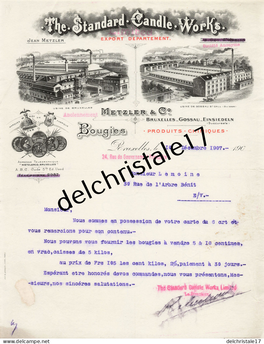 96 0306 BRUXELLES BELGIQUE 1907 Produits Chimiques Bougies METZLER & Co Rue Du Gouvernement Provisoire à LEMOINE - Droguerie & Parfumerie
