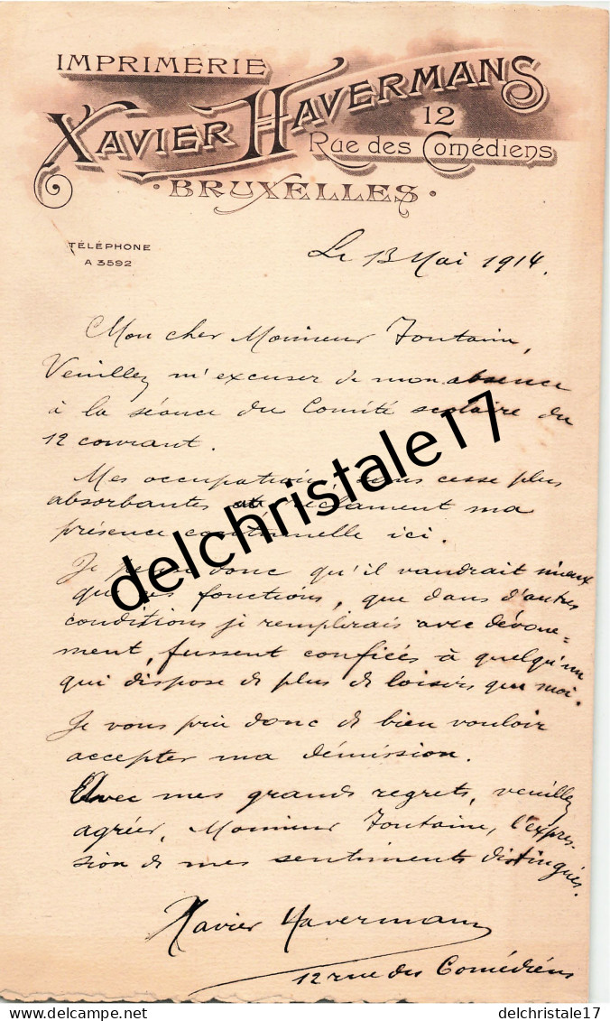 96 0286 BRUXELLES BELGIQUE 1914 Imprimerie Xavier HAVERMANS Rue Des Comédiens Dest. FONTAINE - Imprenta & Papelería