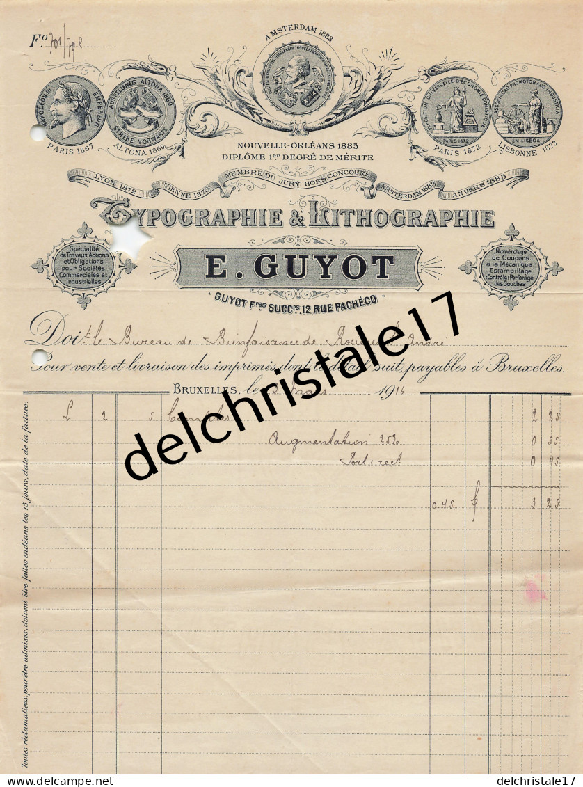 96 0282 BRUXELLES BELGIQUE 1916 Typographie & Lithographie GUYOT Frères Succ Rue PACHÉCO à Bienfaisance Des Rosières - Imprimerie & Papeterie