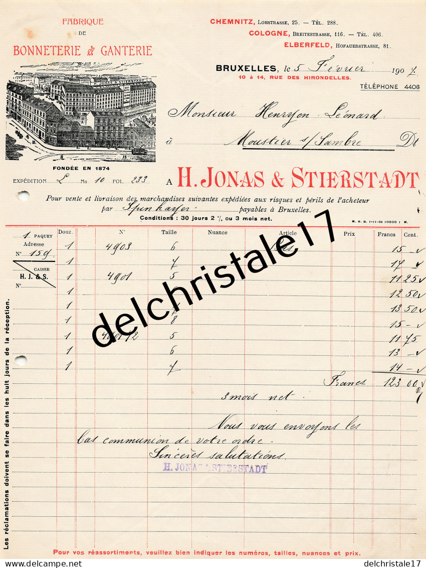 96 0293 BRUXELLES BELGIQUE 1907 Fabrique Bonneterie Ganterie H. JONAS & STIERSTADT Rue Des Hirondelles à HENRYON - Kleding & Textiel