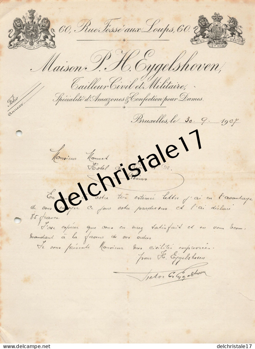 96 0276 BRUXELLES BELGIQUE 1907 Tailleur Civil & Militaire Maison P. H. EYGELSHOVEN Rue Fossé Aux Loups à MONNET - Textilos & Vestidos