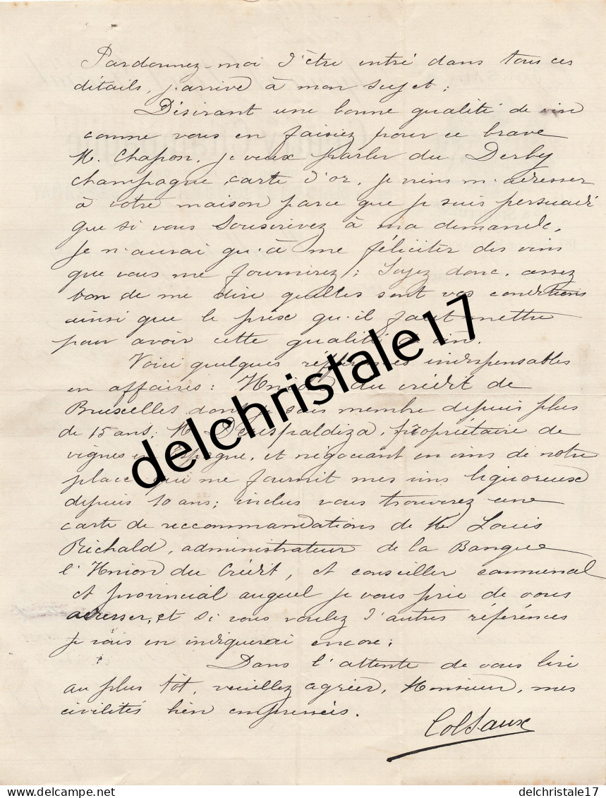 96 0278 BRUXELLES BELGIQUE 1891 Vins Spiritueux E. COLSAUX Champagne GENTRY Maison DAUBRAY ÉPERNAY à KUNCKELMANN - Alimentos