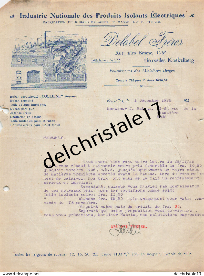 96 0268 BRUXELLES BELGIQUE 1926 Produits Isolants Électriques DELOBEL Frères Rue Jules BESME à HABETS à MONS - Old Professions