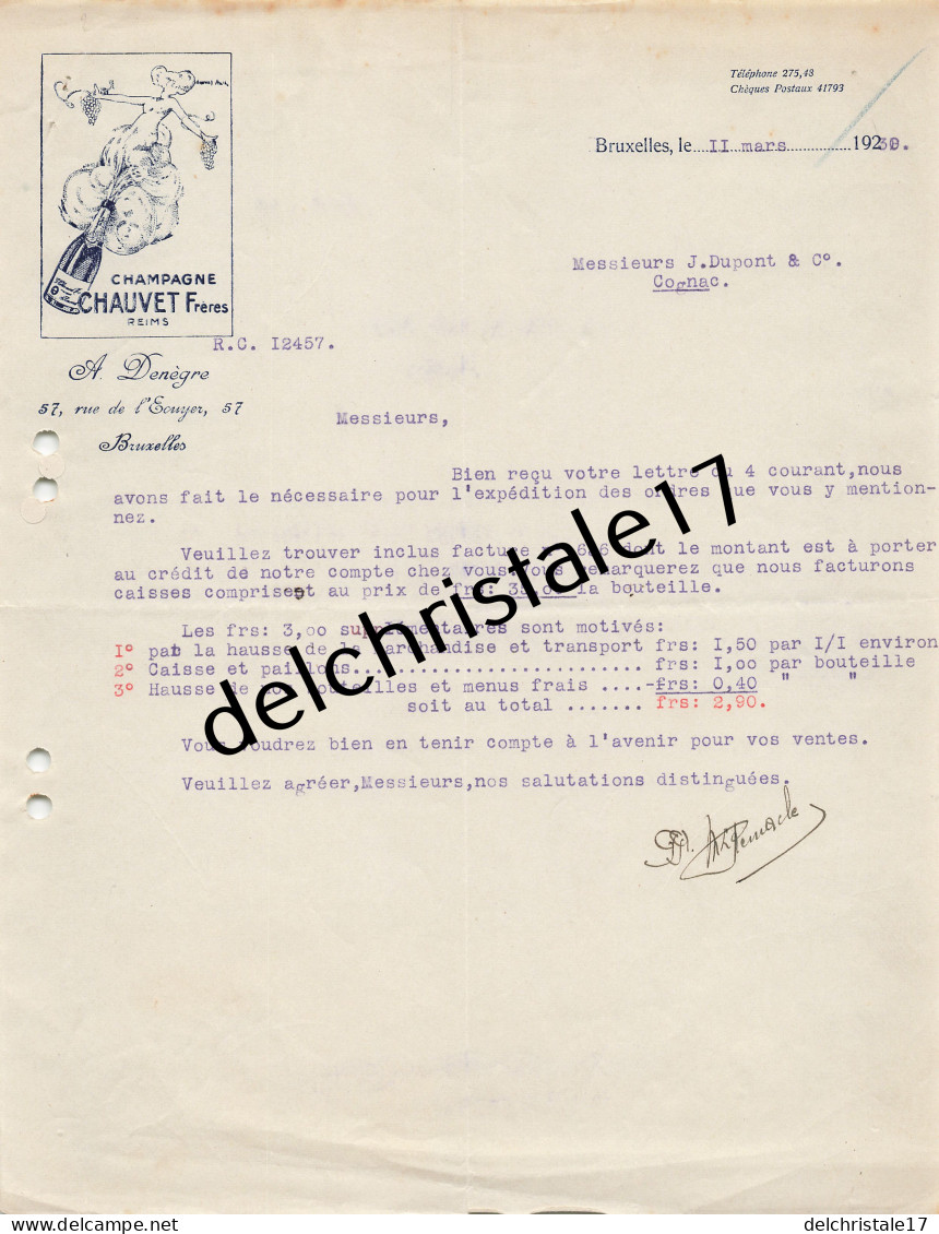 96 0259 BRUXELLES BELGIQUE 1930 Champagne CHAUVET Frères à REIMS Agent Bruxelles A. DENÈGRE Rue De L'Écuyer à DUPONT - Food