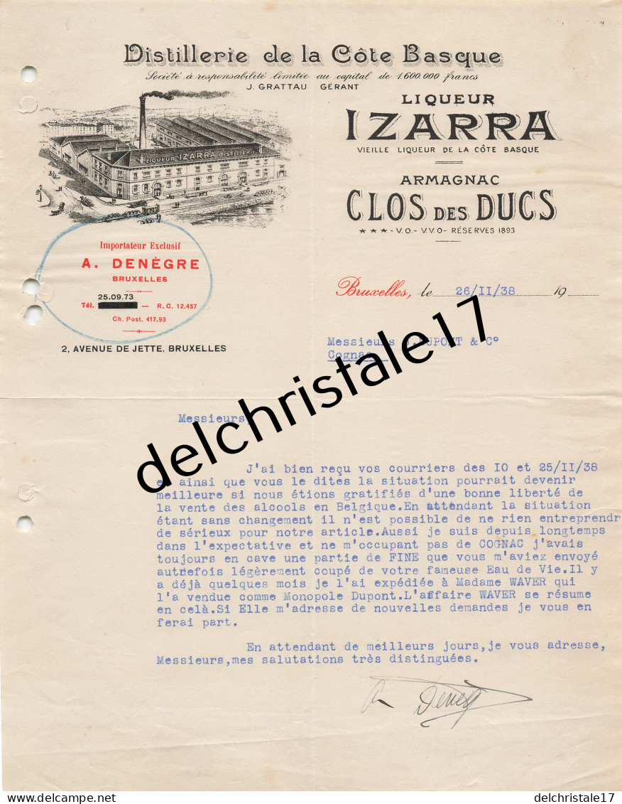 96 0269 BRUXELLES BELGIQUE 1938 Importateur Liqueur Izarra Armagnac Clos Des Ducs A. DENÈGRE Distillerie Cote Basque - Food