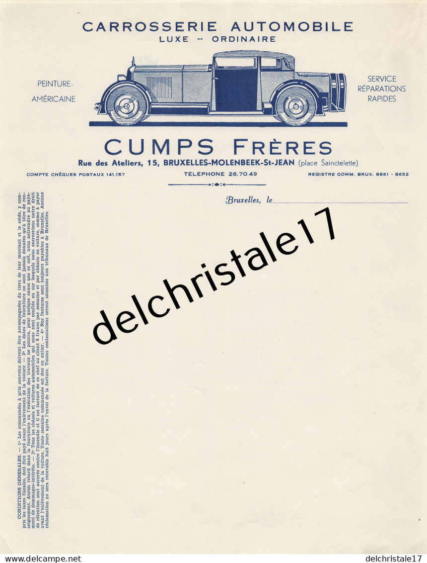 96 0260 BRUXELLES BELGIQUE 19.. VIERGE Carrosserie Automobile CUMPS Frères Peinture Américaine Rue Des Ateliers - Automobilismo