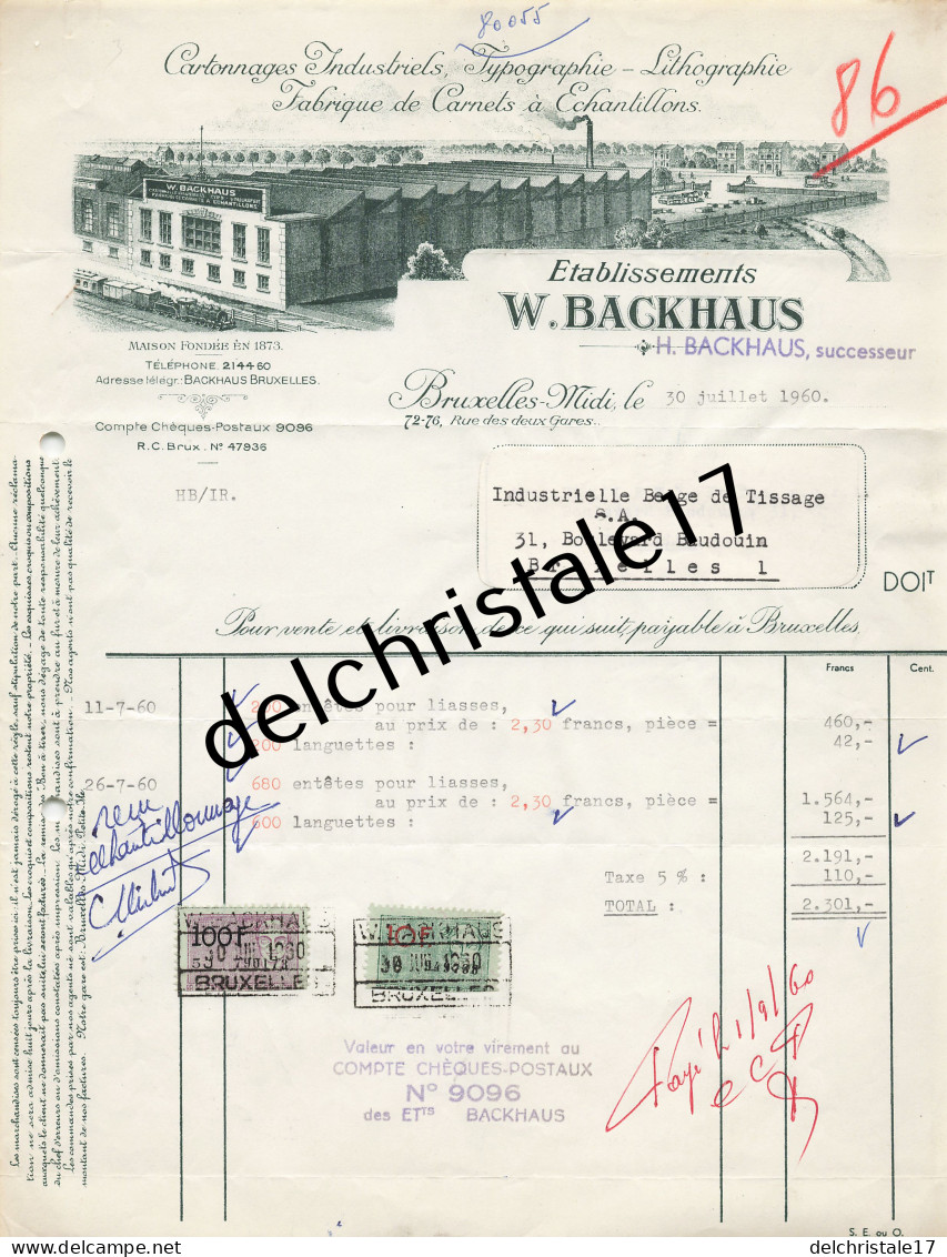 96 0245 BRUXELLES BELGIQUE 1960 Fabrique Carnets à Échantillons Lithographie Éts W. BACKHAUS Rue Des Deux Gares - Ambachten