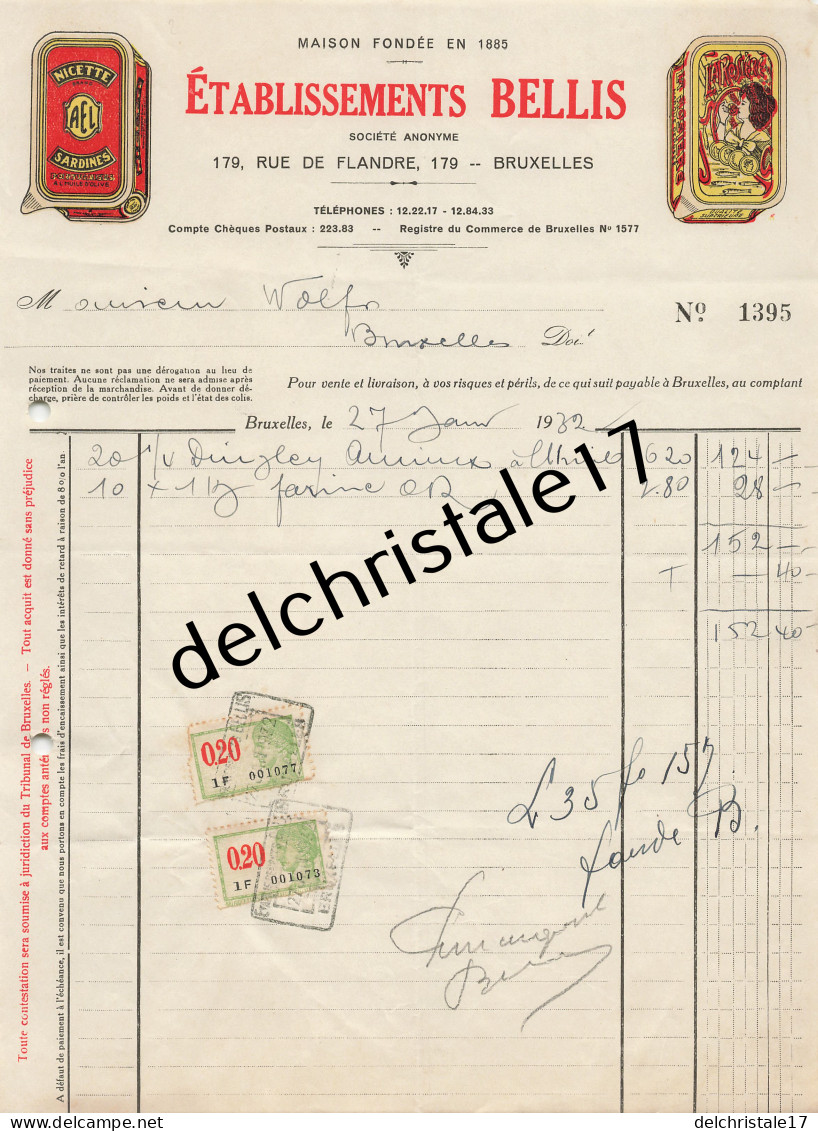 96 0249 BRUXELLES BELGIQUE 1932 Sardinerie Sardines Nicette Éts BELLIS Farine Rue De Flandre à WOLF - Lebensmittel