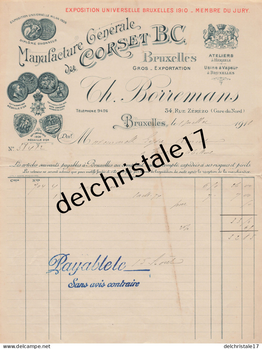 96 0252 BRUXELLES BELGIQUE 1911 Manufacture De Corsets BORREMANS & Co Usine Vapeur Rue Zérézo Gare Du Nord à BONNET - Kleidung & Textil
