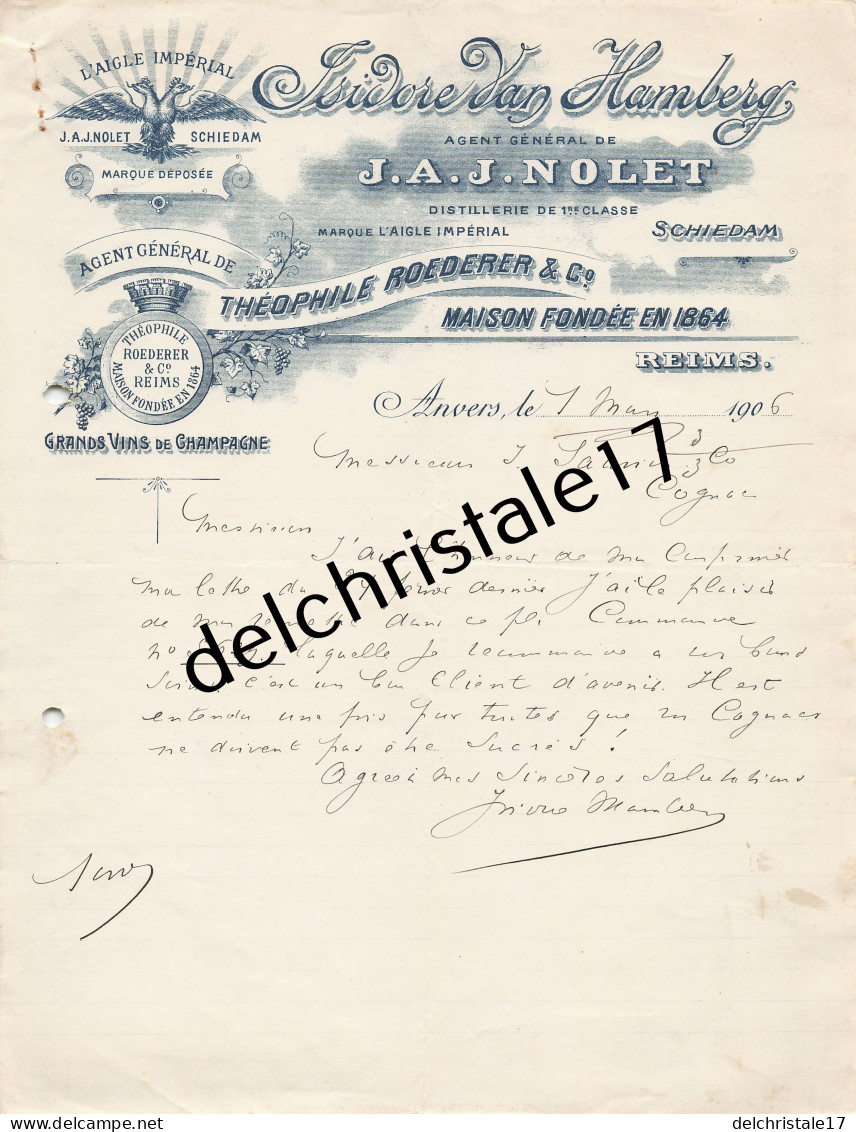 96 0234 ANVERS BELGIQUE 1906 Distillerie J.A.J. NOLET Agent Isidore VAN HAMBERG Marque AIGLE IMPÉRIAL à SAUVION - Lebensmittel