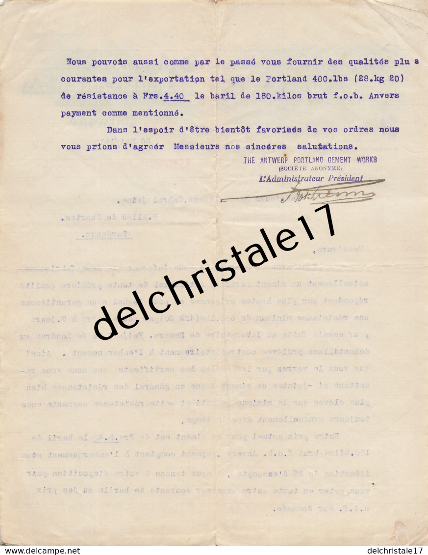 96 0236 ANTWERP BELGIQUE 1910 Artificial Portland Cement THE ANTWERP PORTLAND CEMENT WORKS Canal St Pierre à BESSE - Petits Métiers