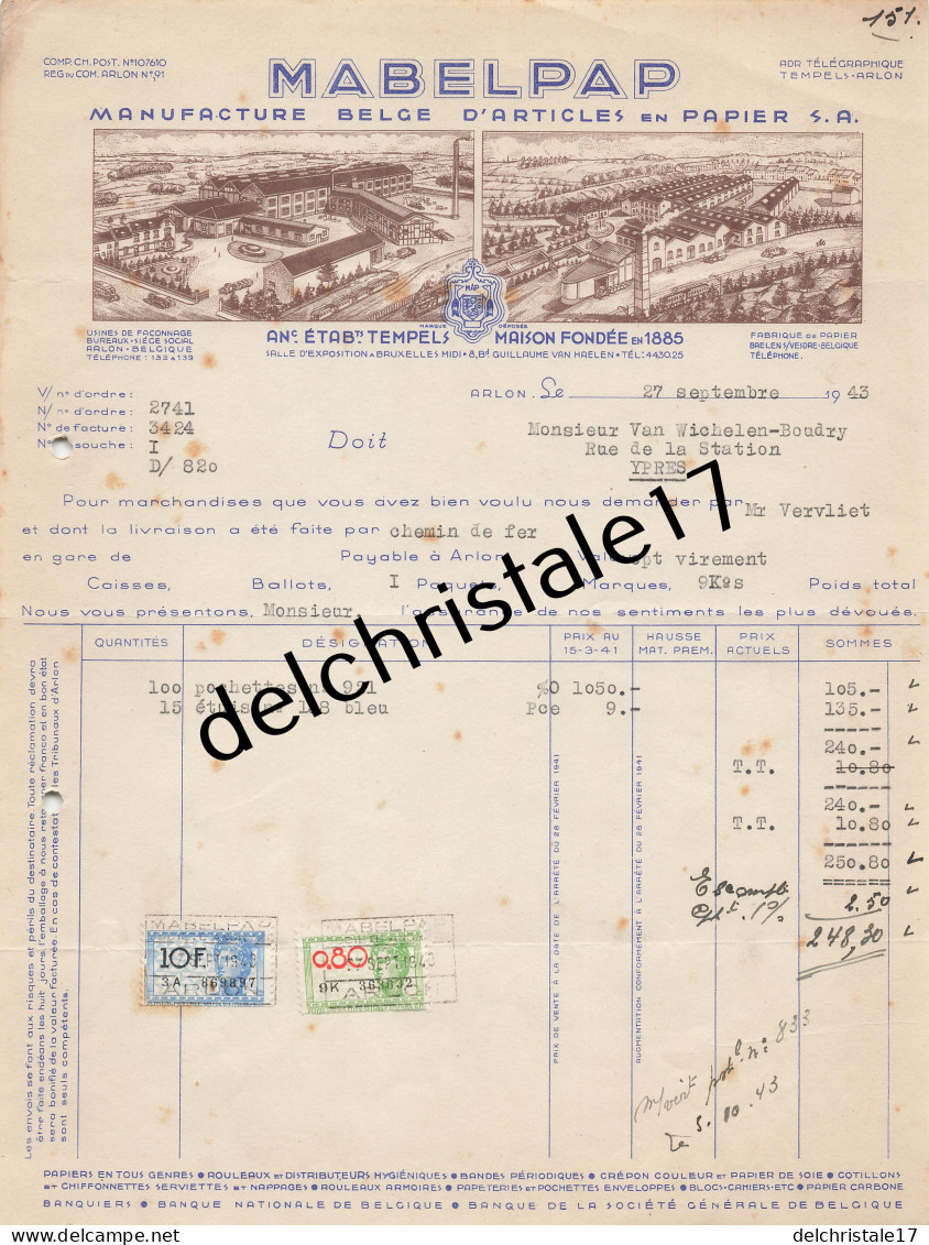 96 0238 ARLON BELGIQUE 1943 Manufacture Belge D'Articles Papier MABELPAP Anc. Éts TEMPELS Bld VAN HAELEN à VAN WICHELEN - Artigianato