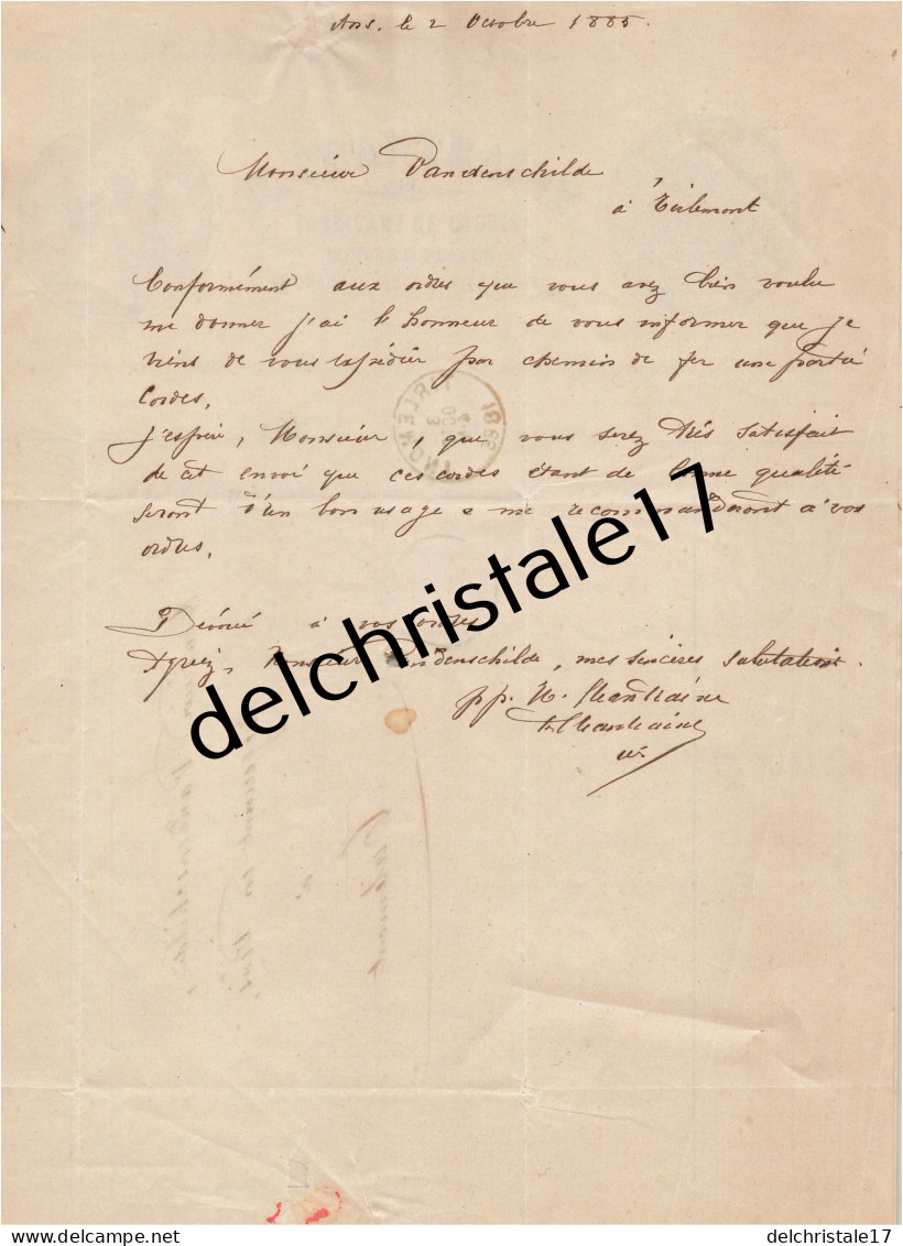96 0229 ANS BELGIQUE 1885 Fabrique De Cordes En Chanvre Aloès & Fils De Fer H. CHANTRAINE Corderie à VANDENSCHILDE - Petits Métiers
