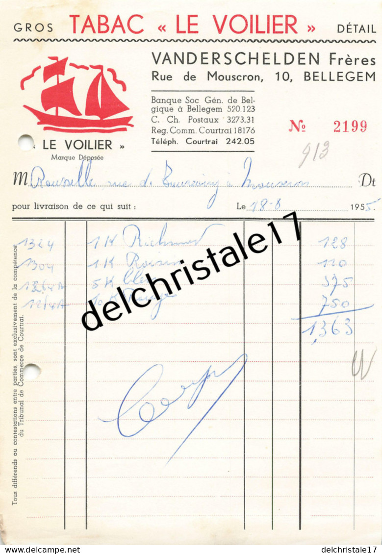 96 0181 BELGIQUE BELLEGEM 1955 Gros & Détail Tabac "LE VOILIER" VANDERSCHELDEN Frère Rue De Mouscron à ROUSSELLE - 1950 - ...