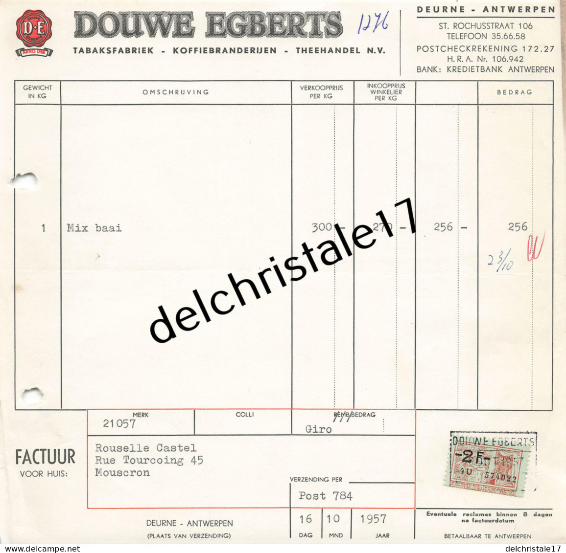 96 0180 BELGIQUE DEURNE 1957 Manufacture De Tabacs DOUWE EGBERTS Repr. GIRO à Maison ROUSSELLE-CASTEL - 1950 - ...