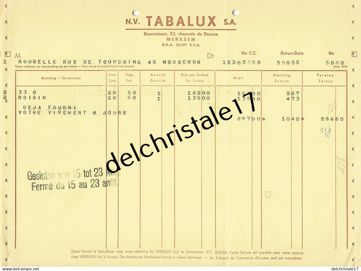 96 0179 BELGIQUE MERKSEM 1955 Manufacture De Cigarettes TABALUX Chaussée De Deurne à M. ROUSSELLE à MOUSCRON - 1950 - ...