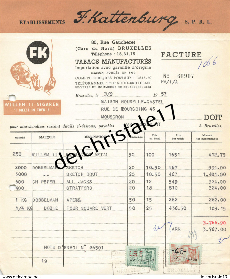 96 0175 BELGIQUE BRUXELLES 1957 Importation Tabacs Manufacturés Éts F. KATTENBURG Rue Gaucheret à ROUSSELLE-CASTEL - 1950 - ...