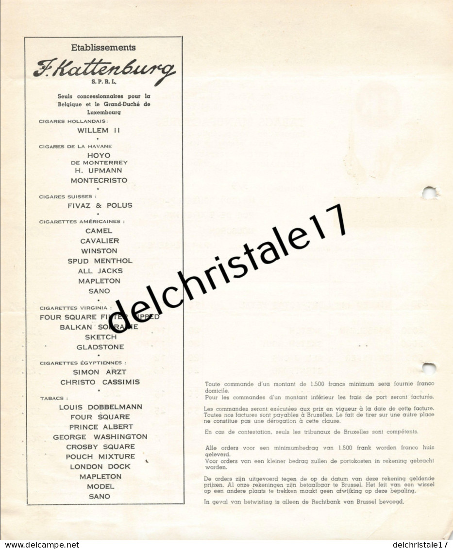 96 0175 BELGIQUE BRUXELLES 1957 Importation Tabacs Manufacturés Éts F. KATTENBURG Rue Gaucheret à ROUSSELLE-CASTEL - 1950 - ...