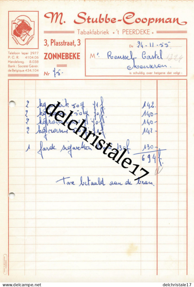 96 0144 PAYS-BAS ZONNEKE 1955 Tabakfabriek M. STUBBE-COOPMAN 3 Plasstraat à CASTEL-PETIT - Holanda