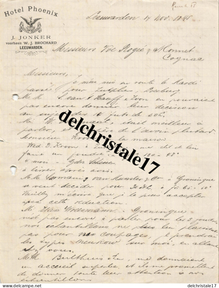 96 0143 PAYS-BAS LEEUWARDEN 1895 Hôtel Phoenix Prop. J. JONKER Succ. W.J. BROCHARD À Mrs Vve ROGÉE & MONNET à COGNAC - Paesi Bassi
