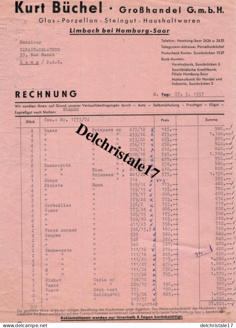 96 0139 LIMBACH PRÈS DE HOMBURG (SARRE) 1957 KURT BÜCHEL GROBHANDEL G.m.b.H GLAS PORZELLAN... - DEST. BINAUT-DELATTRE - 1950 - ...