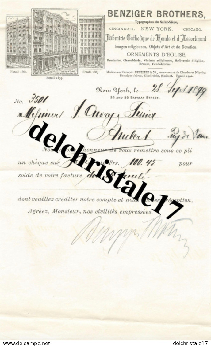 96 0123 ÉTATS-UNIS NEW-YORK 1899 Librairie Catholique BENZIGER BROTHERS Ornements D'Église Orfèvrerie à OUVRY & TESSIER - USA