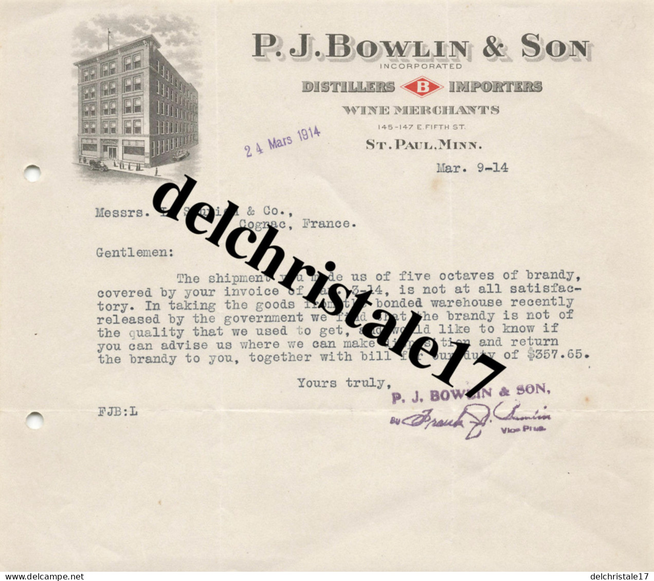 96 0130 ÉTATS-UNIS St Paul Minn 1914 Distillers Importers Wine Merchants P.J. BOWLIN & Son à SAUVION & Co à COGNAC - Etats-Unis